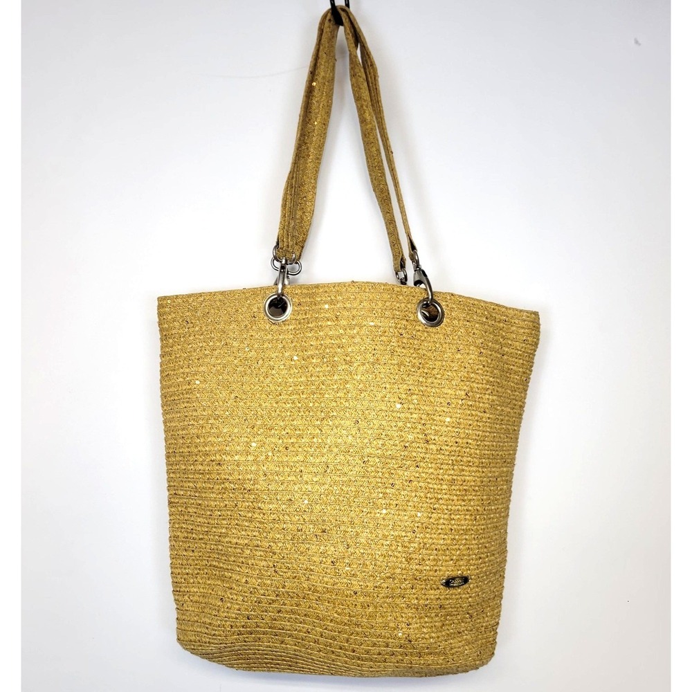 Cappelli Straworld Woven Straw Sequin Tote Bag‎ Womens Large Gold Tan